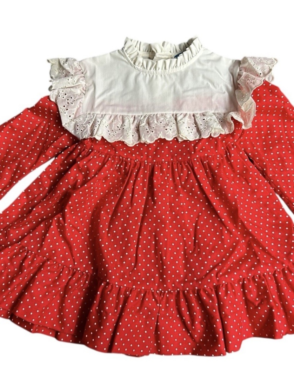 Vintage Girls 4 Jill Lynn Dress Red Polka Dot Prairie Made in USA White Eyelet